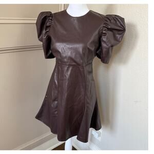 Karlie Puff Sleeve Faux Leather Mini Dress Women’s Size S Brown Short Sleeve